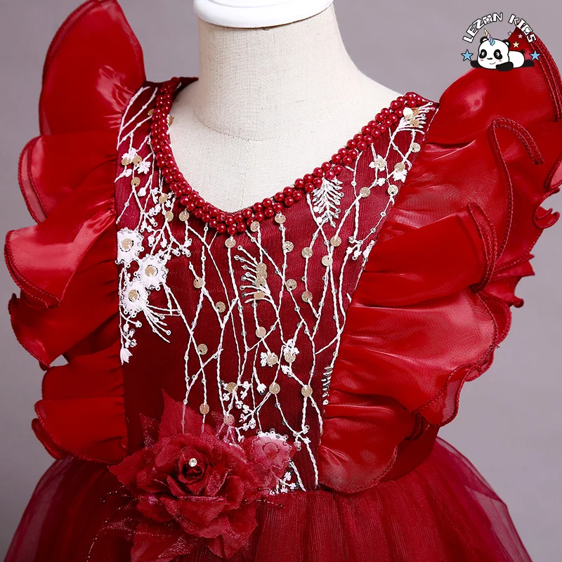 LEZONKIDS - Vestido de renda floral sem mangas personalizável e quente para meninas, ODM, para crianças, festa, para 2-14 anos, com decoração de laço